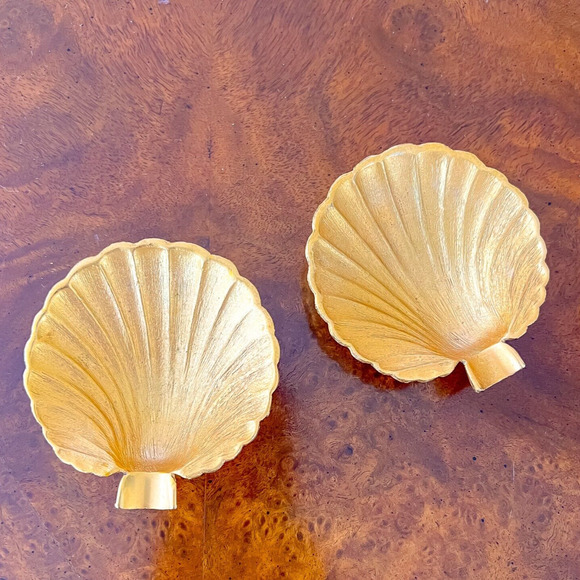 PAIR 3in Vintage Solid Brass Gold Clam Sea Shell Scallop Footed Trinket Dish - Picture 1 of 7